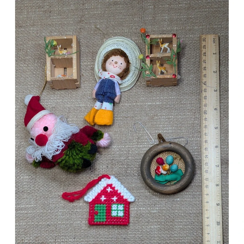 Vintage Handmade Christmas Ornaments Set Santa House Gnome Doll Holiday Decor